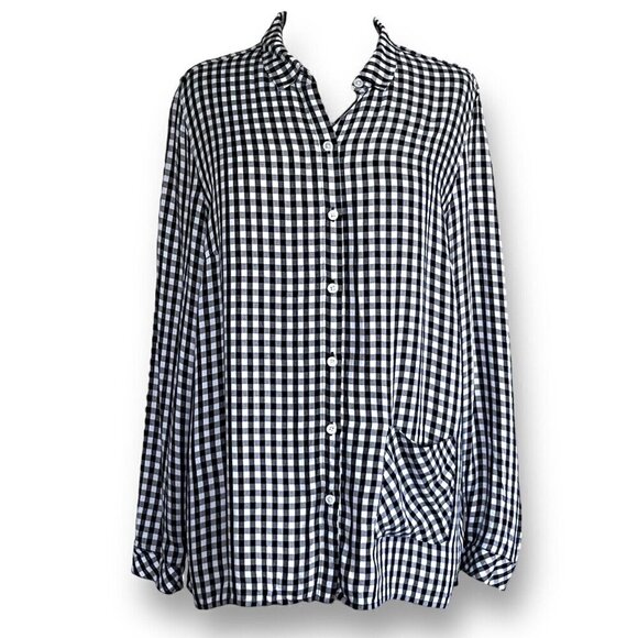 J Jill Womens Top Sz M Black White Gingham Button Up Long Sleeve Shirt Preppy - Picture 1 of 6